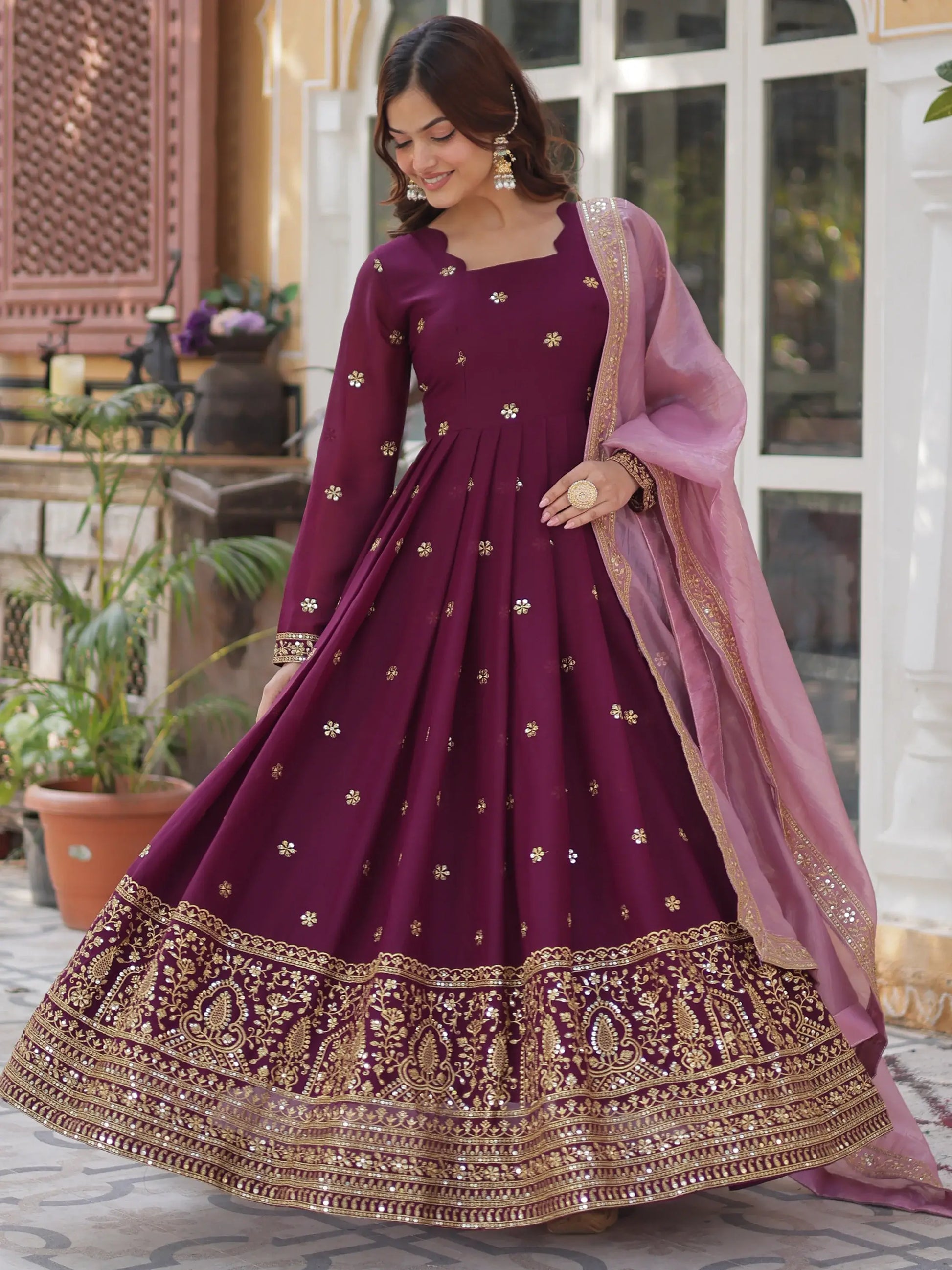 Amazing Wine Zari Embroidered Georgette Event Wear Gown - Zeel Clothing