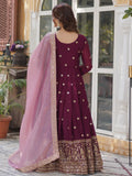 Amazing Wine Zari Embroidered Georgette Event Wear Gown - Zeel Clothing