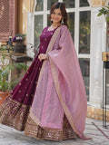 Amazing Wine Zari Embroidered Georgette Event Wear Gown - Zeel Clothing
