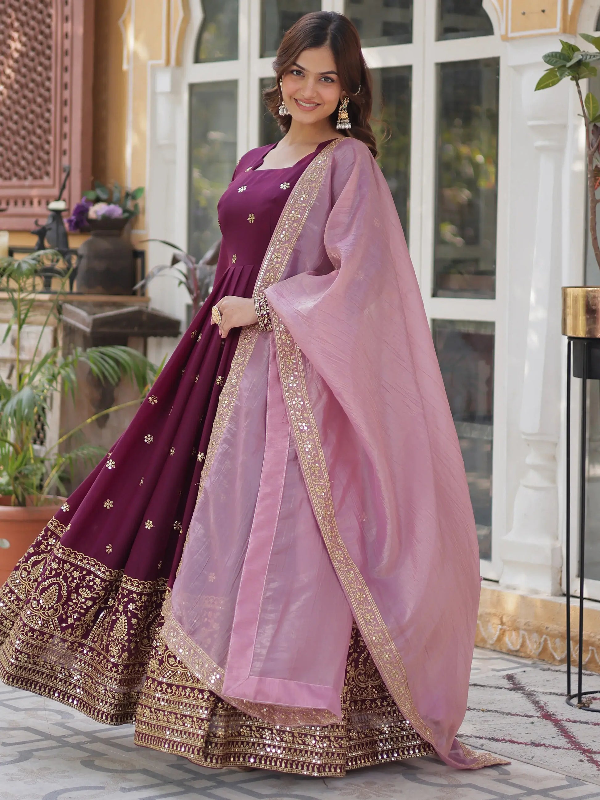Amazing Wine Zari Embroidered Georgette Event Wear Gown - Zeel Clothing