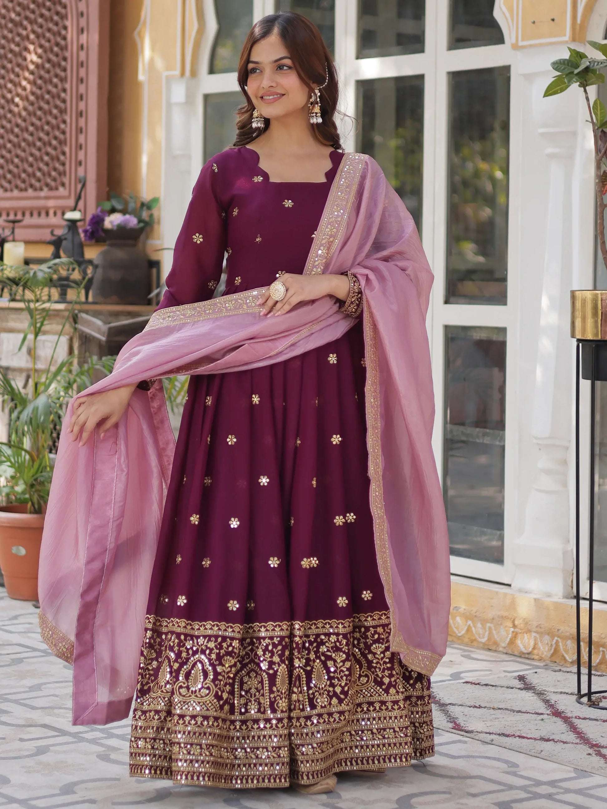 Amazing Wine Zari Embroidered Georgette Event Wear Gown - Zeel Clothing