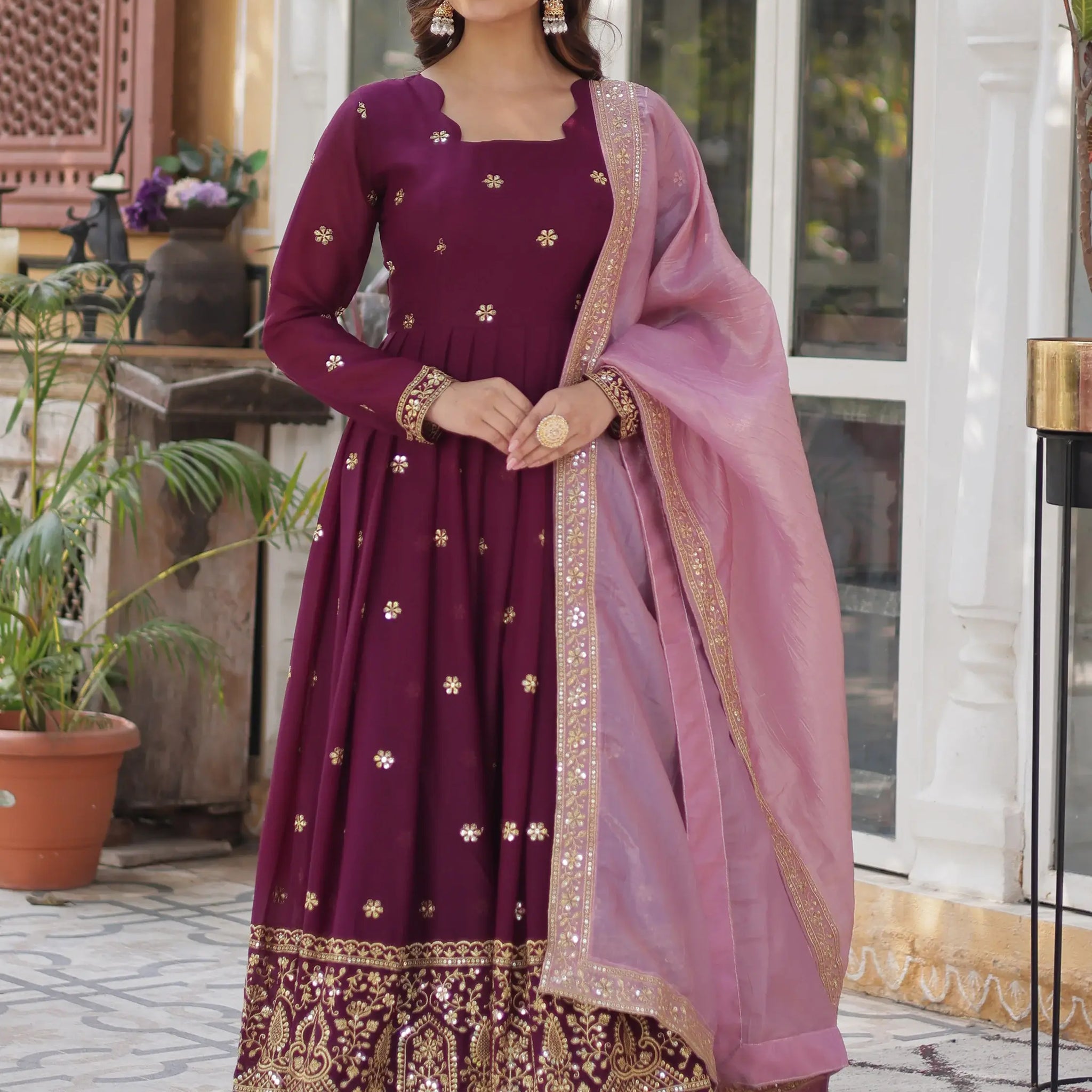 Amazing Wine Zari Embroidered Georgette Event Wear Gown - Zeel Clothing
