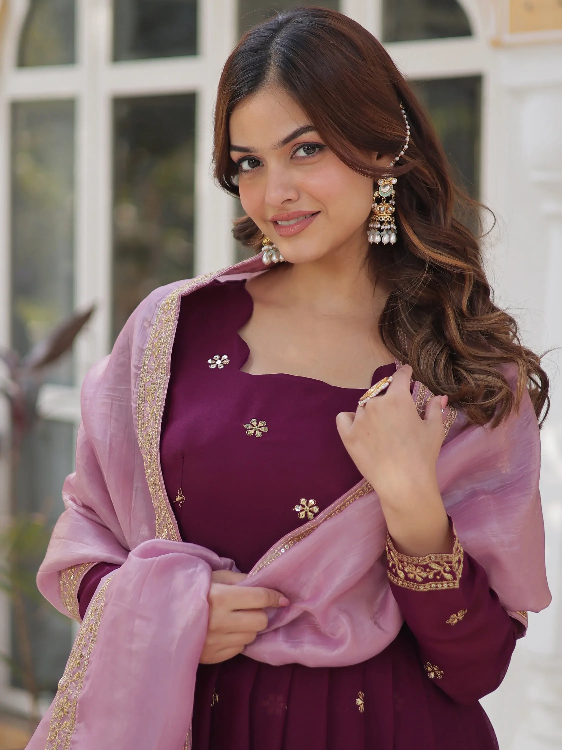 Amazing Wine Zari Embroidered Georgette Event Wear Gown - Zeel Clothing
