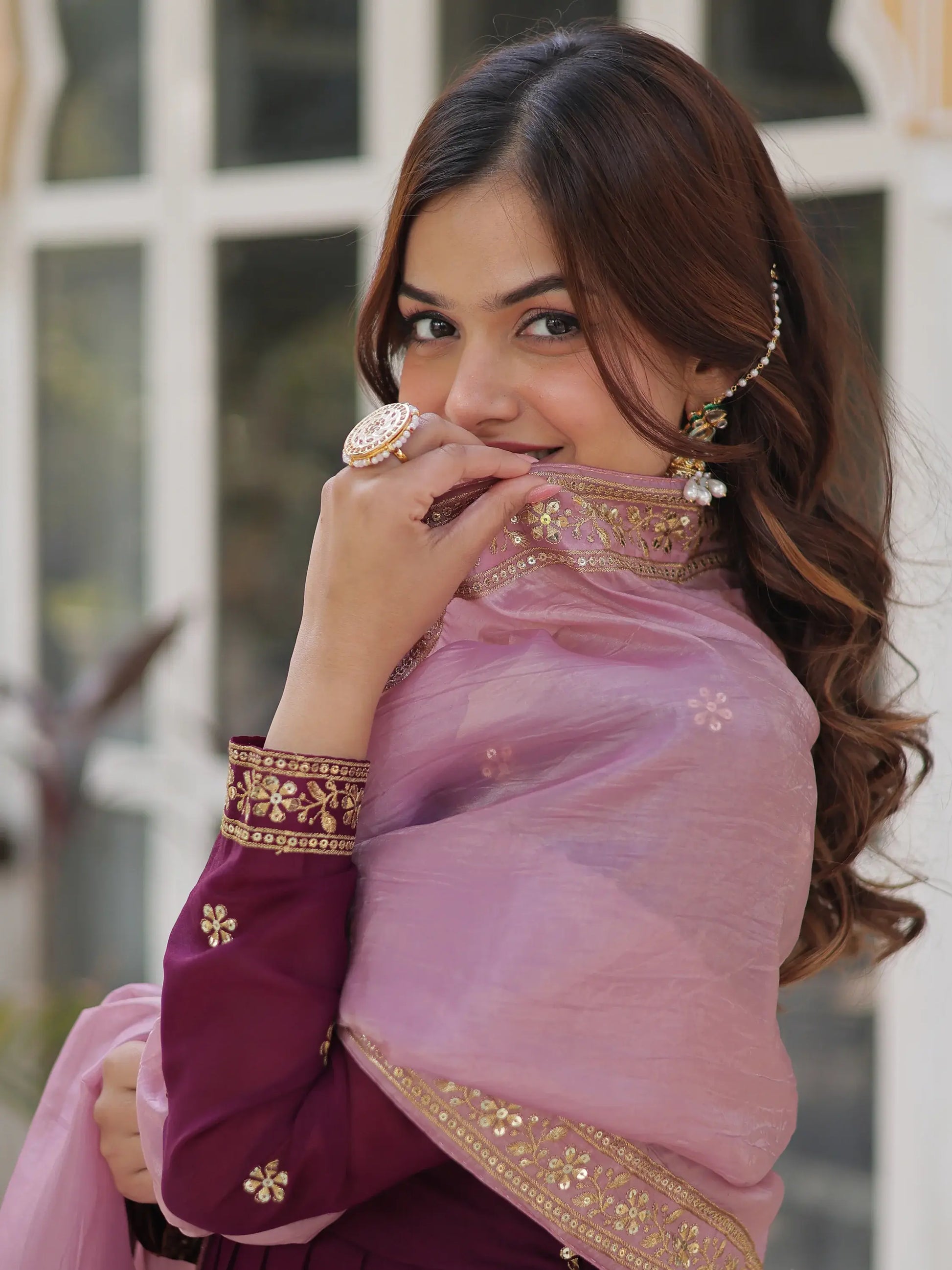 Amazing Wine Zari Embroidered Georgette Event Wear Gown - Zeel Clothing