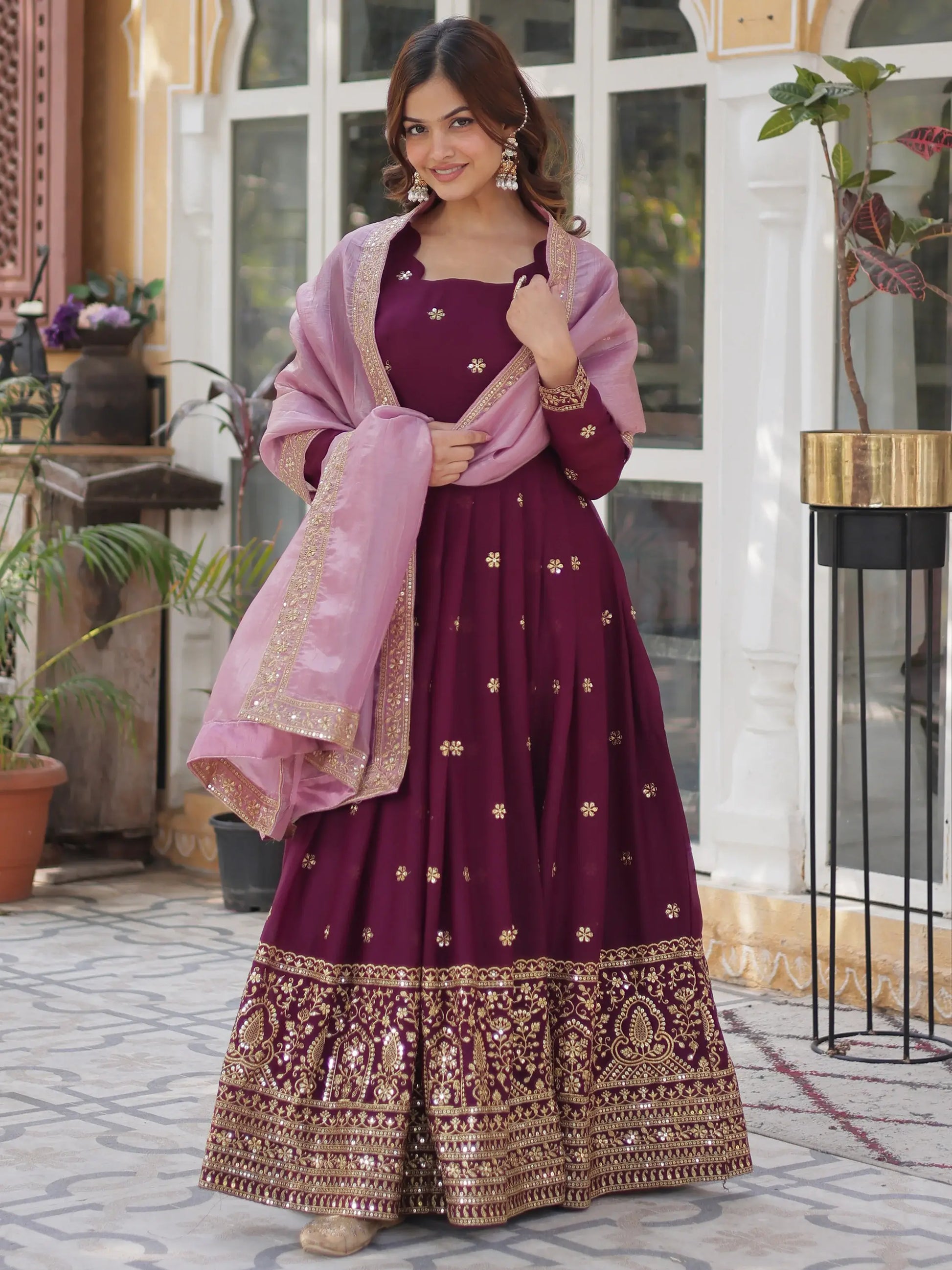 Amazing Wine Zari Embroidered Georgette Event Wear Gown - Zeel Clothing