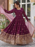 Amazing Wine Zari Embroidered Georgette Event Wear Gown - Zeel Clothing