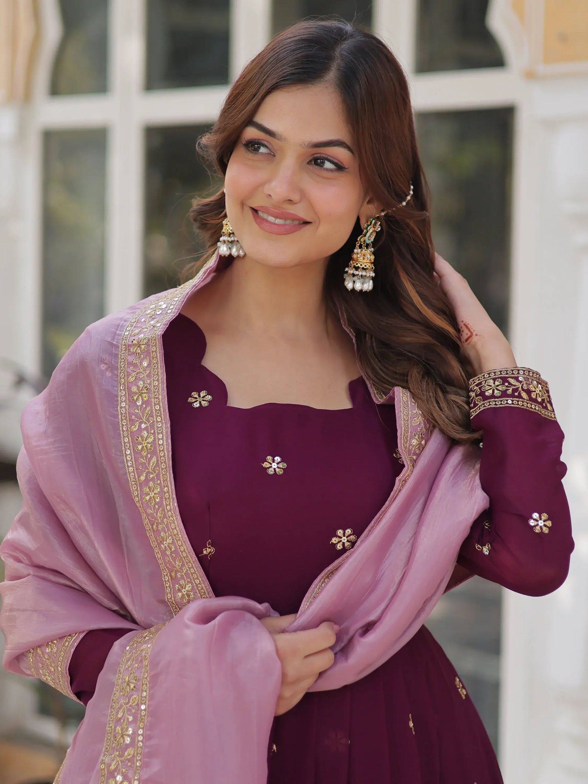 Amazing Wine Zari Embroidered Georgette Event Wear Gown - Zeel Clothing