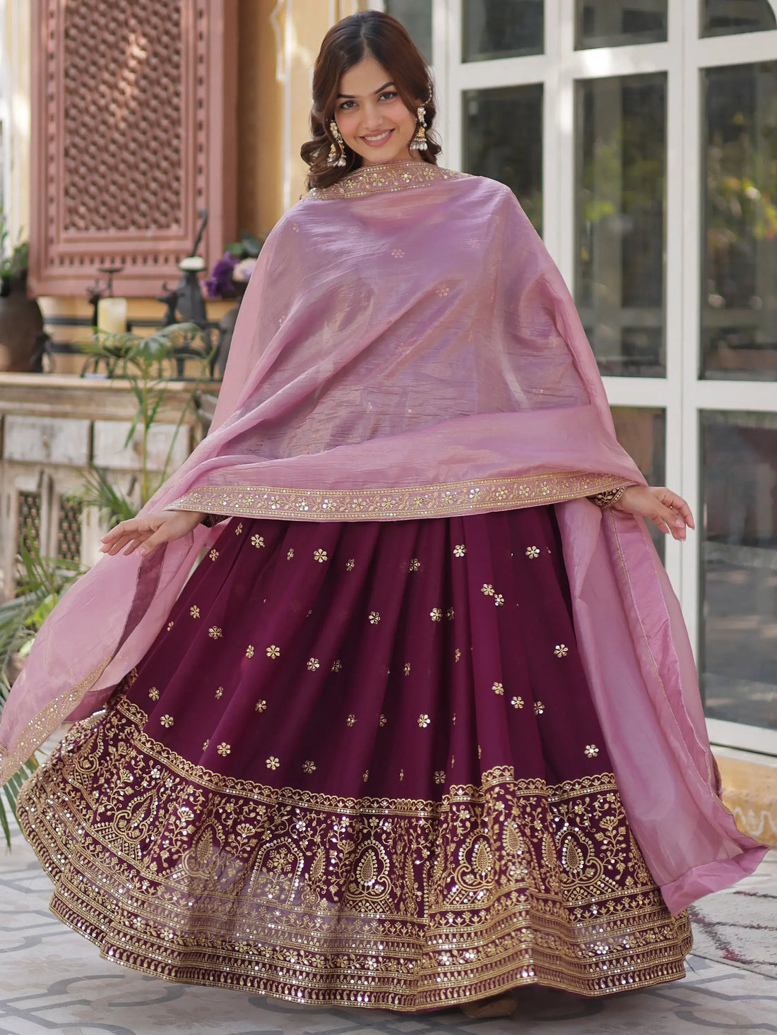 Amazing Wine Zari Embroidered Georgette Event Wear Gown - Zeel Clothing