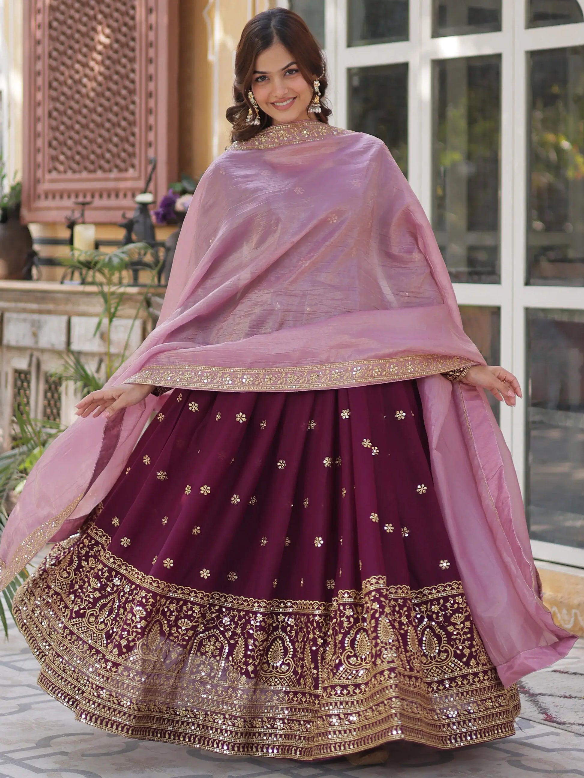 Amazing Wine Zari Embroidered Georgette Event Wear Gown - Zeel Clothing
