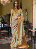Amazing Yellow & Grey Printed Banarasi Silk Saree With Blouse - Zeel Clothing