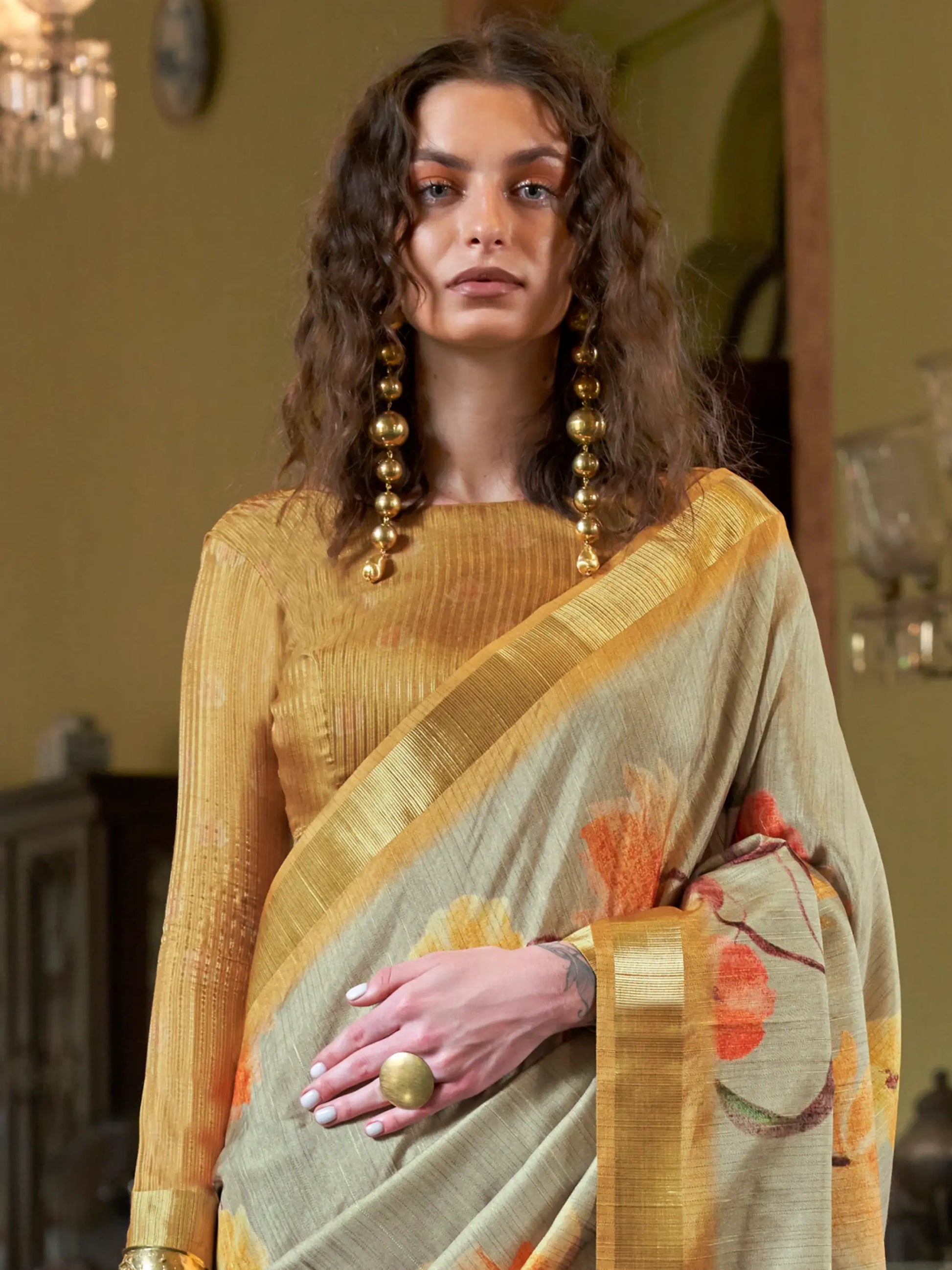 Amazing Yellow & Grey Printed Banarasi Silk Saree With Blouse - Zeel Clothing