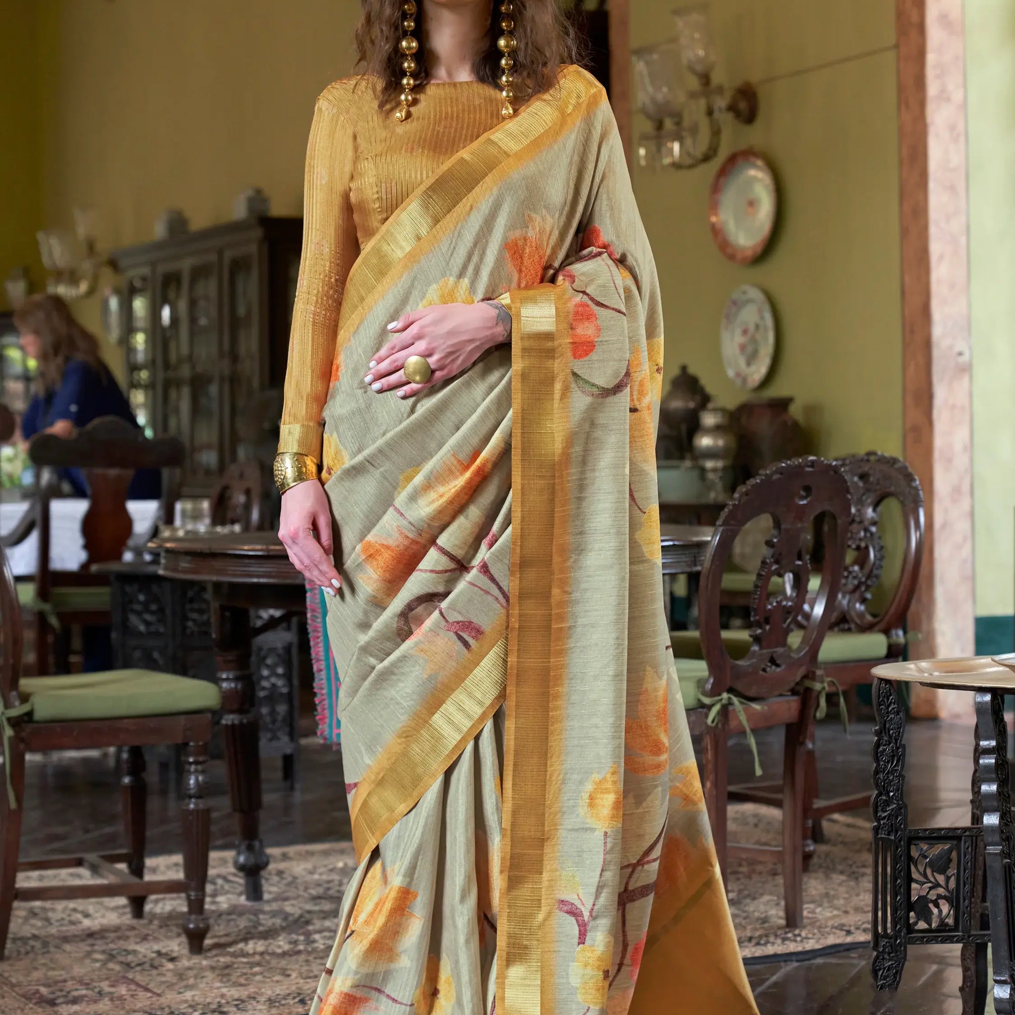 Amazing Yellow & Grey Printed Banarasi Silk Saree With Blouse - Zeel Clothing