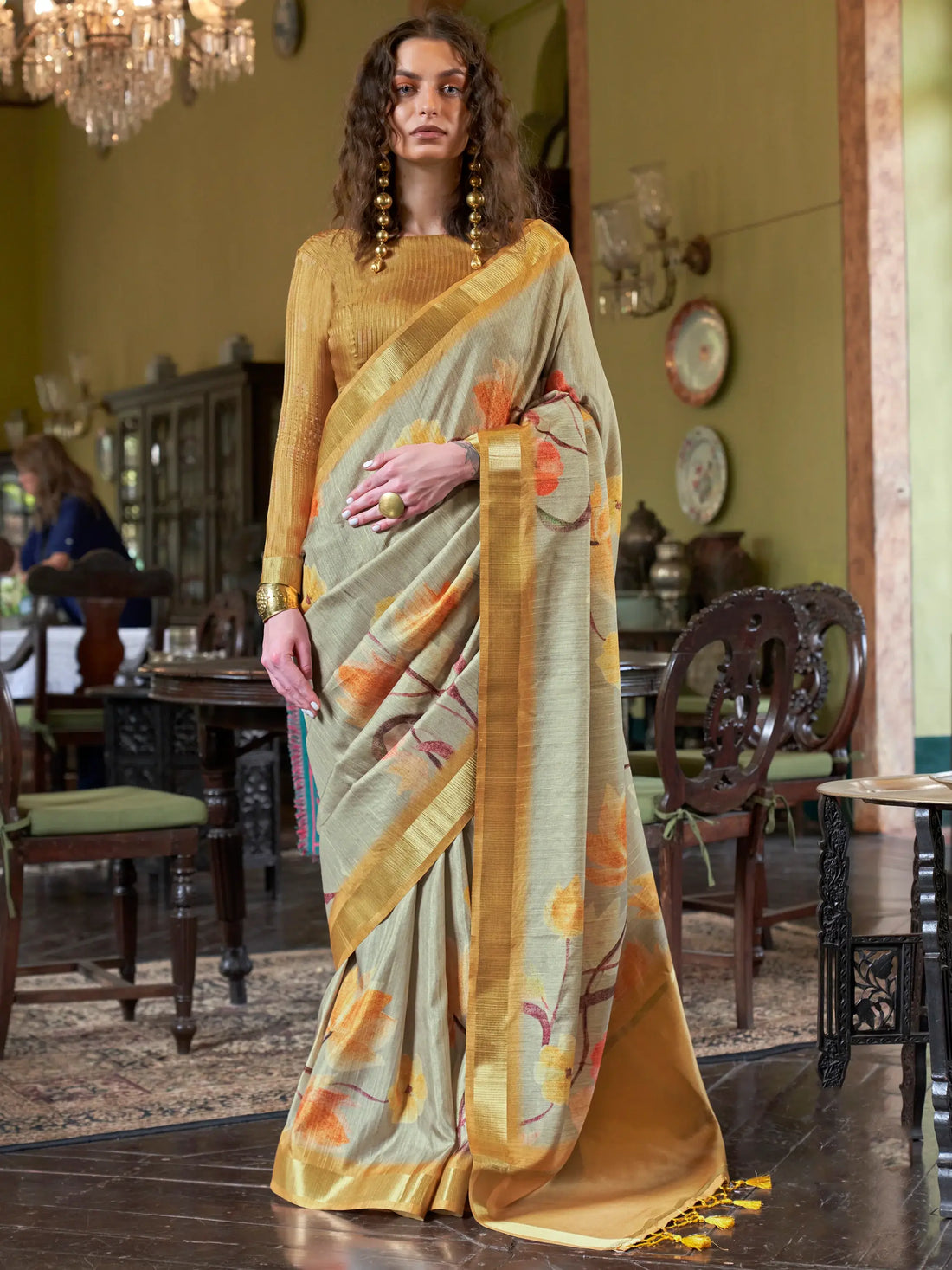 Amazing Yellow & Grey Printed Banarasi Silk Saree With Blouse - Zeel Clothing