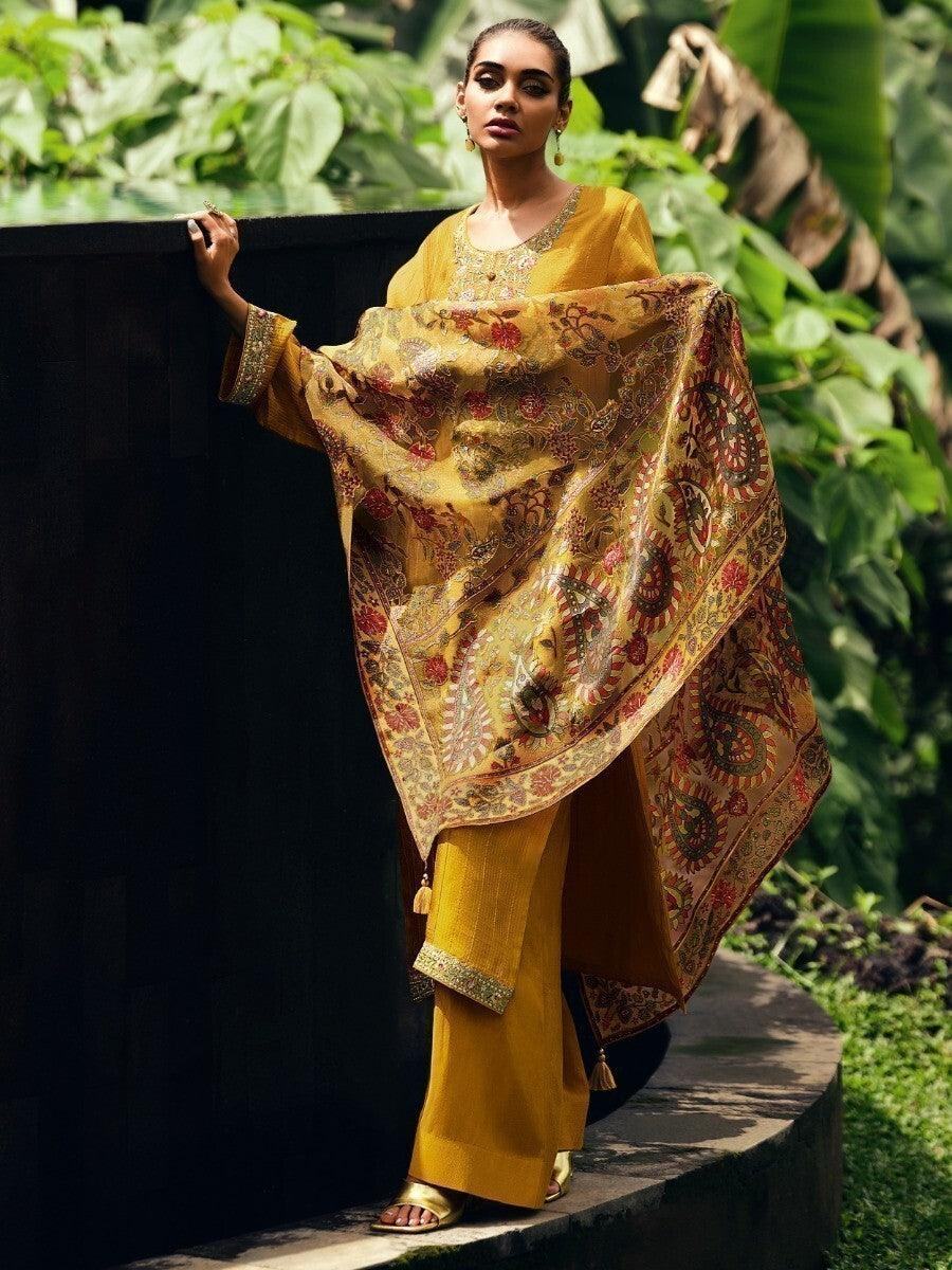 Amazing Yellow Embroidered Muslin Silk Festive Wear Pakistani Salwar Suit