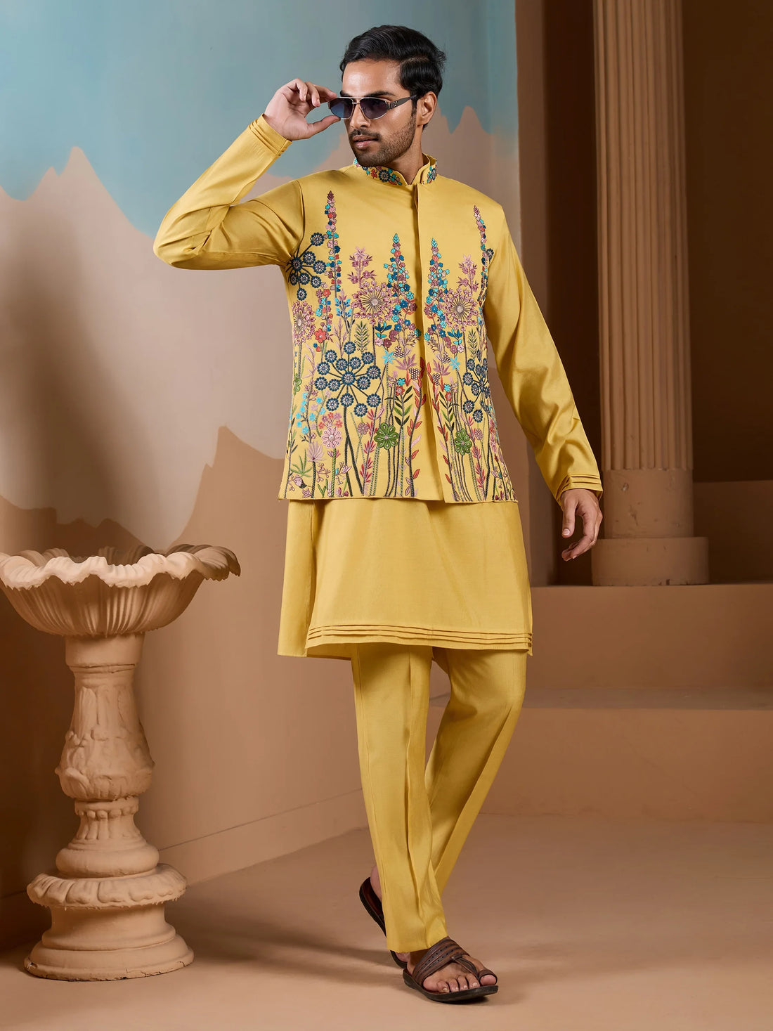Amazing Yellow Floral Embroidered Silk Men Haldi Wear Kurta Pant With Jacket