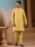 Amazing Yellow Floral Embroidered Silk Men Haldi Wear Kurta Pant With Jacket