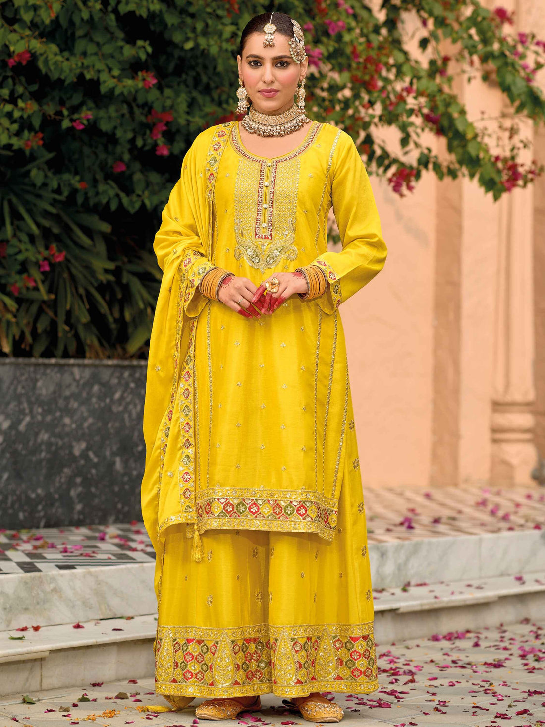 Amazing Yellow Sequins Work Chinon Haldi Wear Palazzo Suit - Zeel Clothing