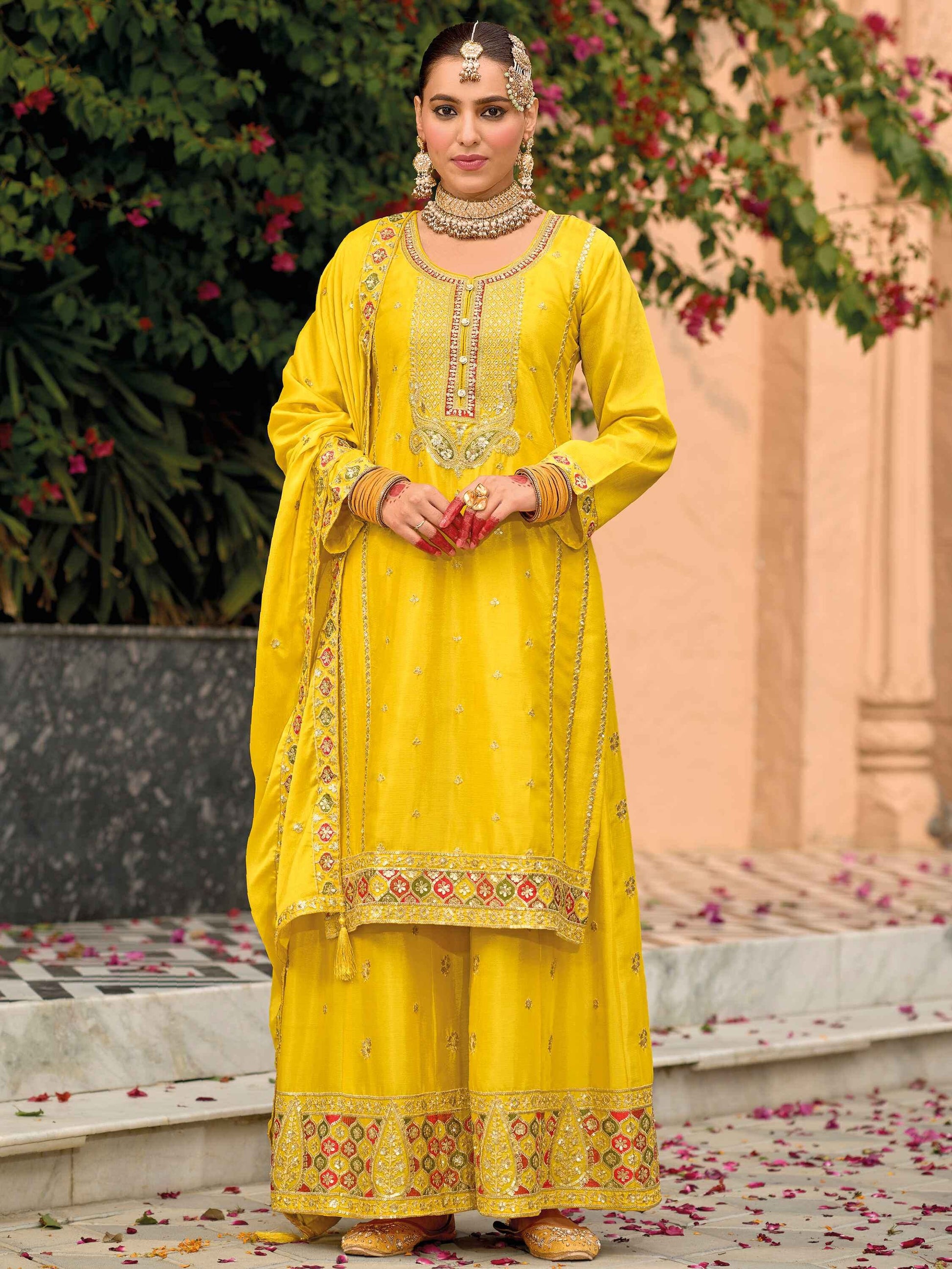 Amazing Yellow Sequins Work Chinon Haldi Wear Palazzo Suit - Zeel Clothing