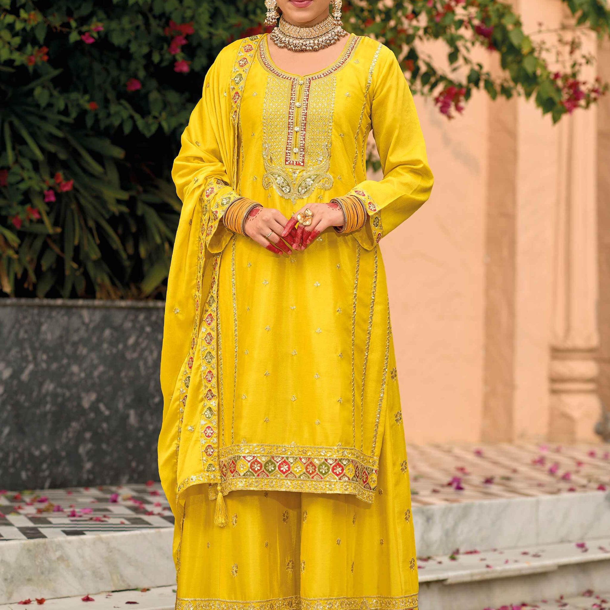 Amazing Yellow Sequins Work Chinon Haldi Wear Palazzo Suit - Zeel Clothing