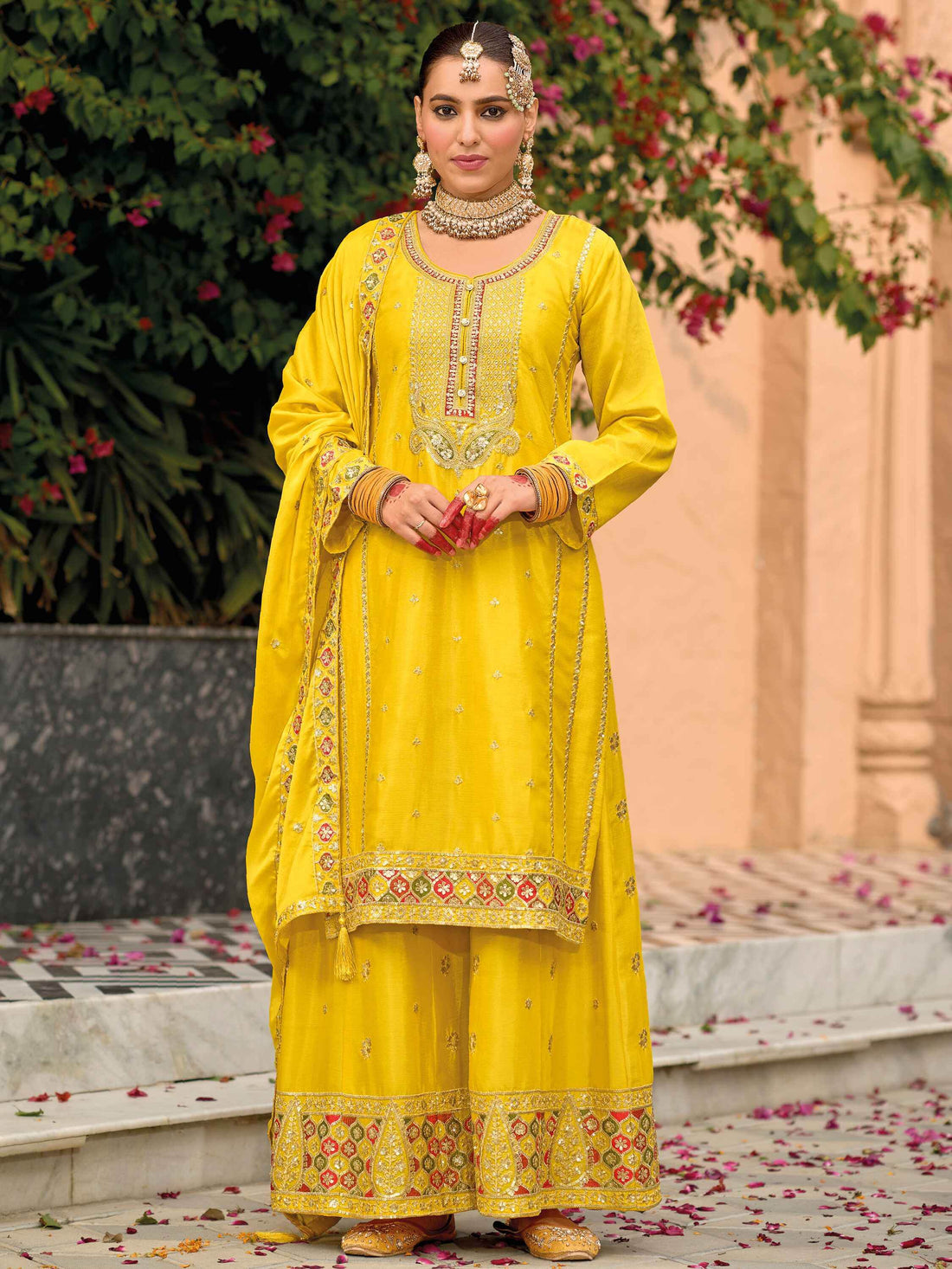Amazing Yellow Sequins Work Chinon Haldi Wear Palazzo Suit - Zeel Clothing