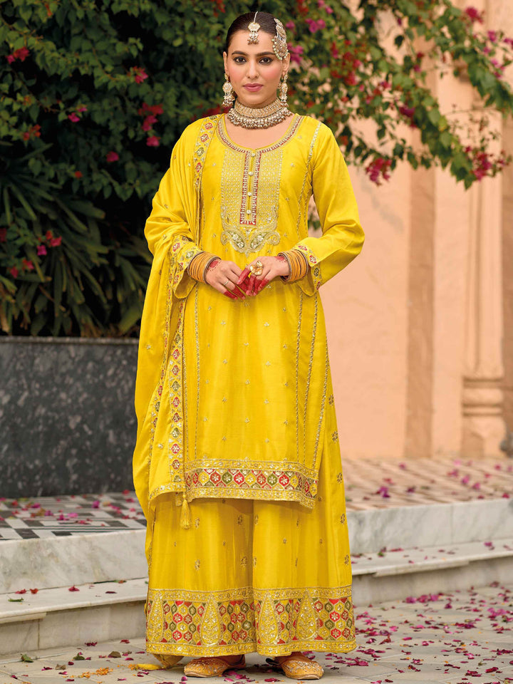 Amazing Yellow Sequins Work Chinon Haldi Wear Palazzo Suit - Zeel Clothing
