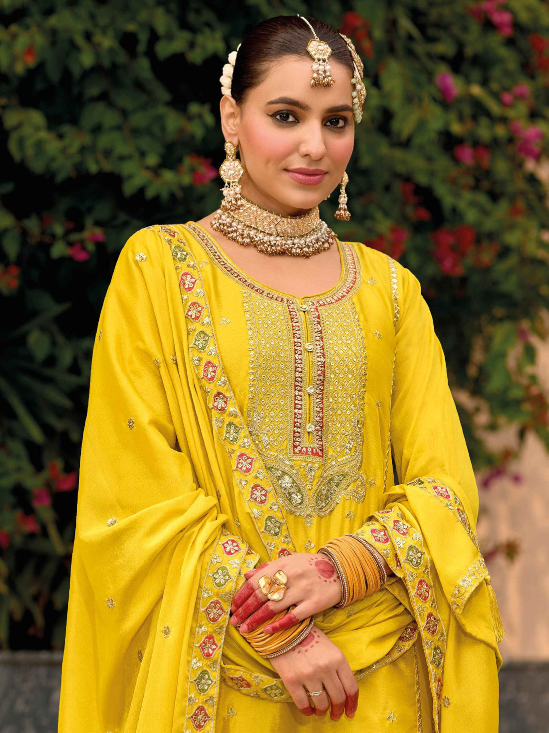 Amazing Yellow Sequins Work Chinon Haldi Wear Palazzo Suit - Zeel Clothing