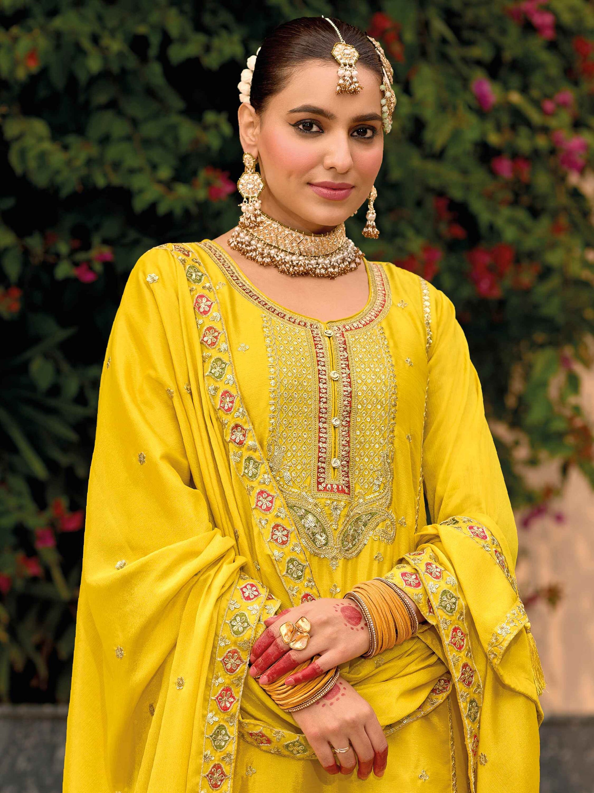 Amazing Yellow Sequins Work Chinon Haldi Wear Palazzo Suit - Zeel Clothing