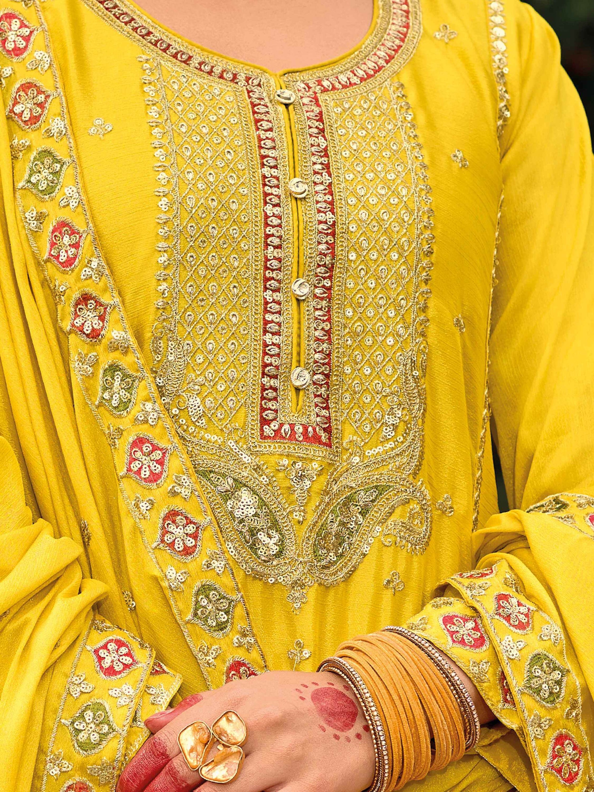 Amazing Yellow Sequins Work Chinon Haldi Wear Palazzo Suit - Zeel Clothing