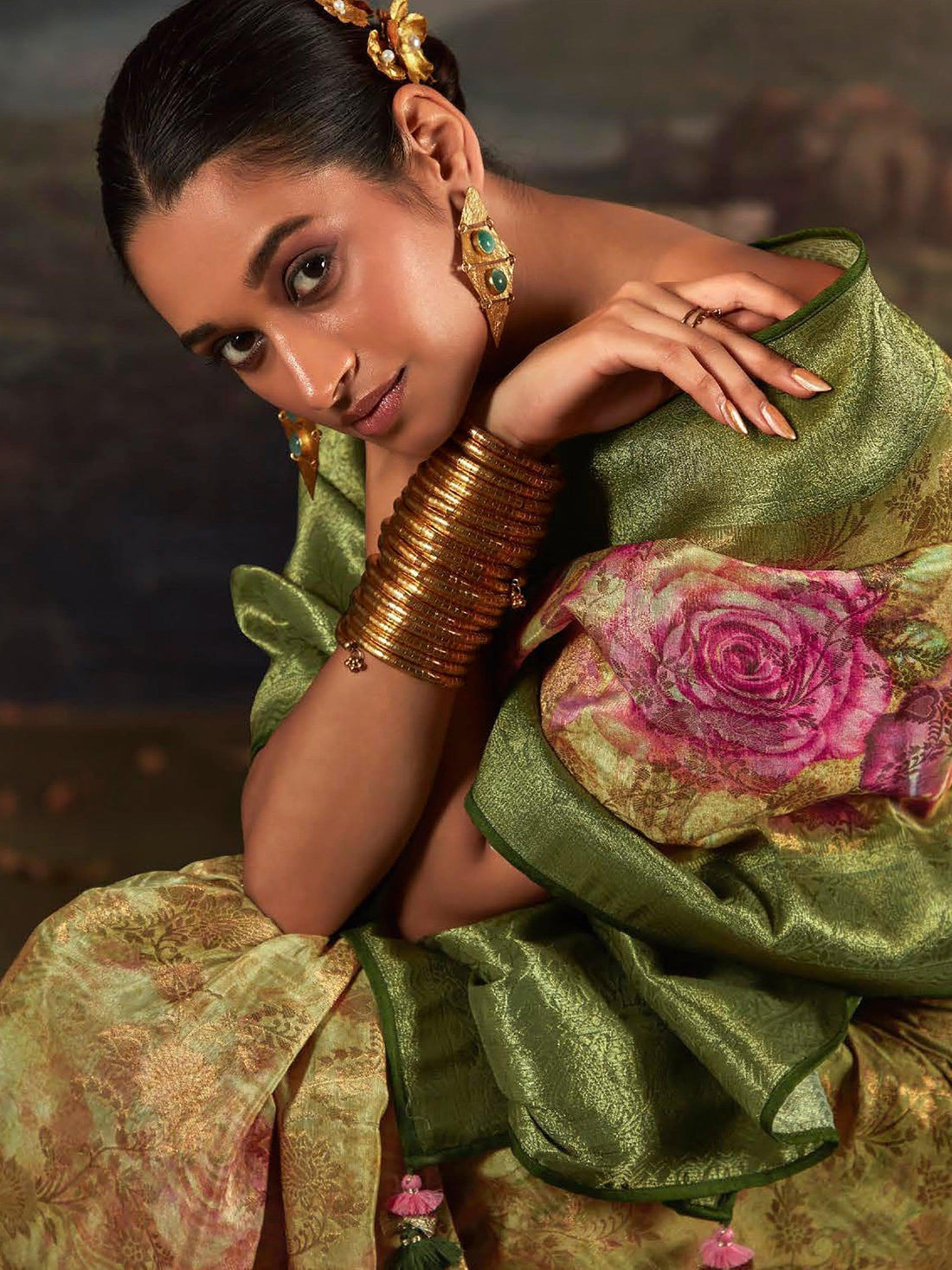 Amusing Green & Cream Floral Printed Silk Saree With Blouse