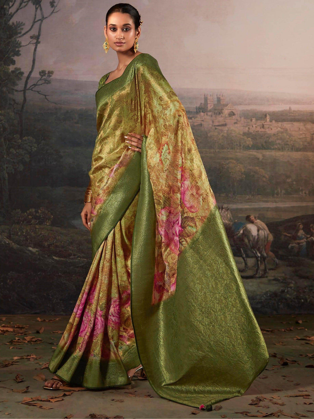 Amusing Green & Cream Floral Printed Silk Saree With Blouse - Zeel Clothing