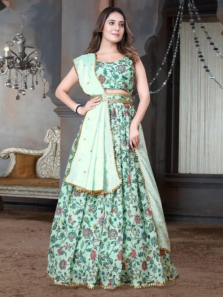 Amusing Green Floral Printed Chinon Festive Wear Lehenga Choli