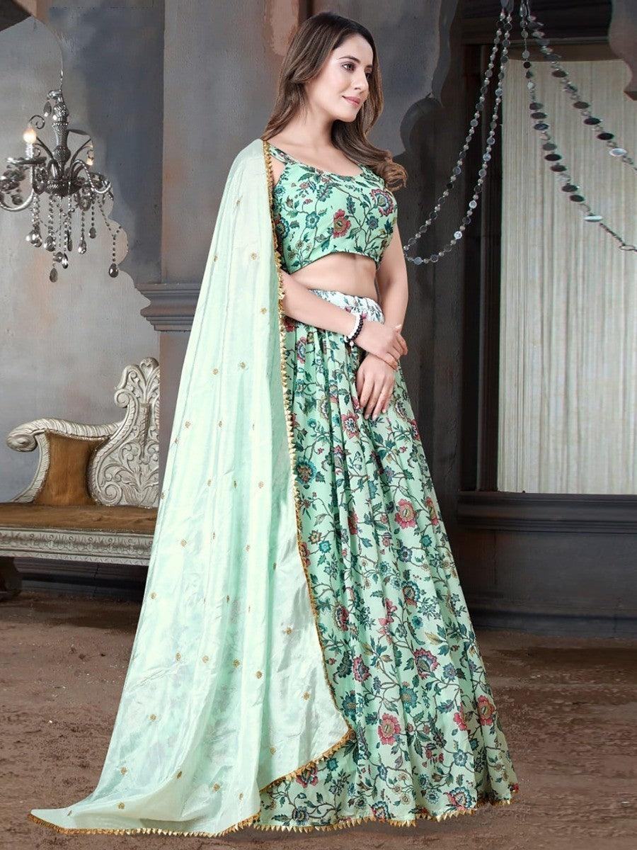 Amusing Green Floral Printed Chinon Festive Wear Lehenga Choli