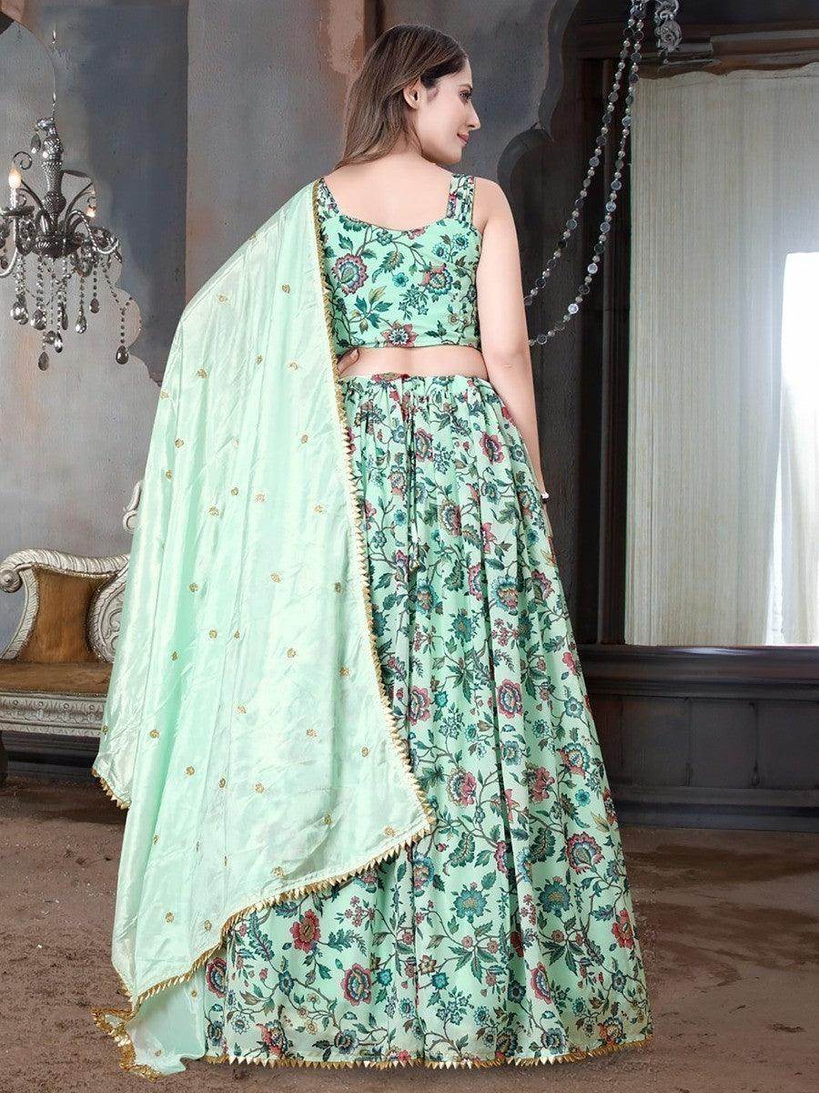 Amusing Green Floral Printed Chinon Festive Wear Lehenga Choli - Zeel Clothing