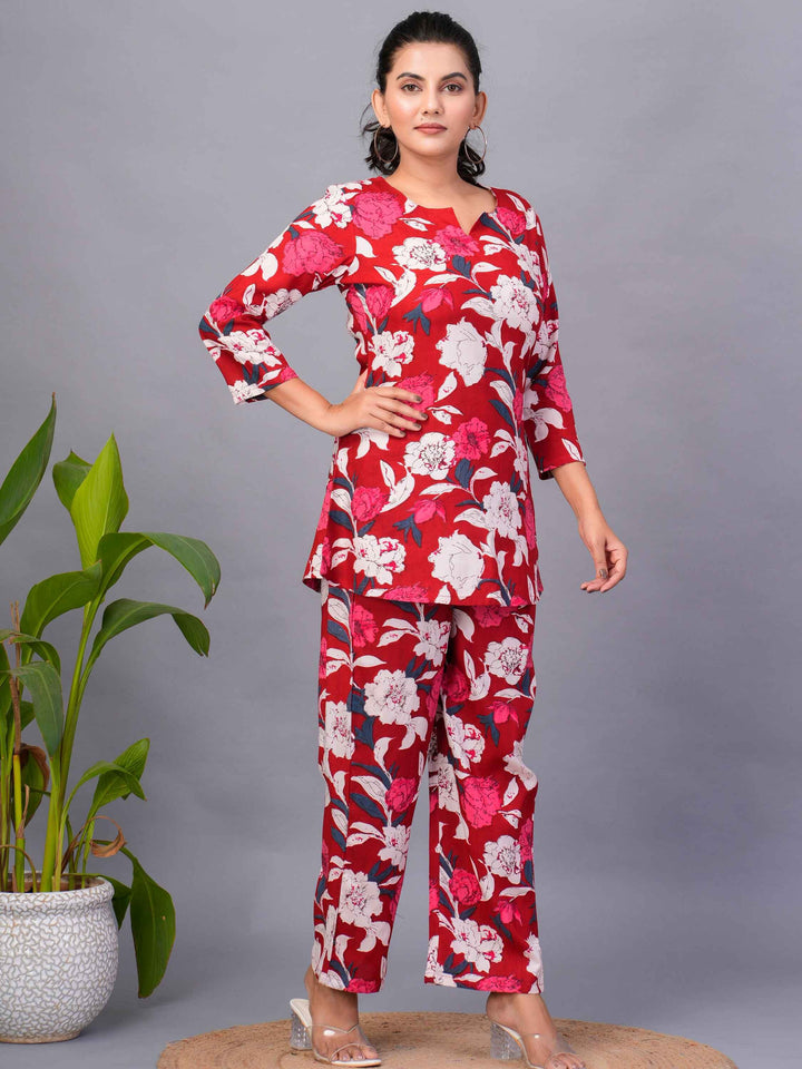 Amusing Red-Color Digital Printed Rayon Office Wear Co-Ord Set - Zeel Clothing
