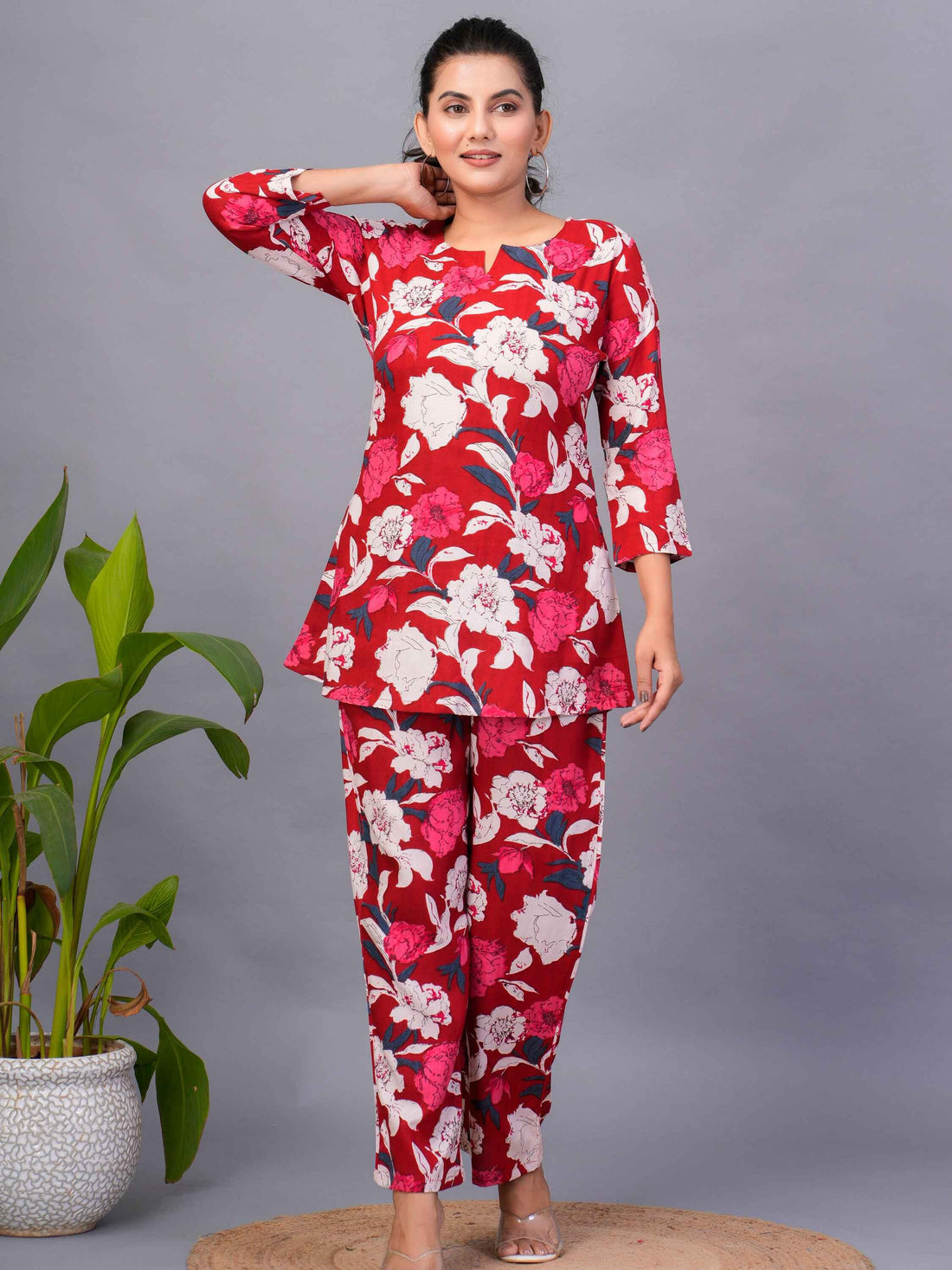 Amusing Red-Color Digital Printed Rayon Office Wear Co-Ord Set - Zeel Clothing