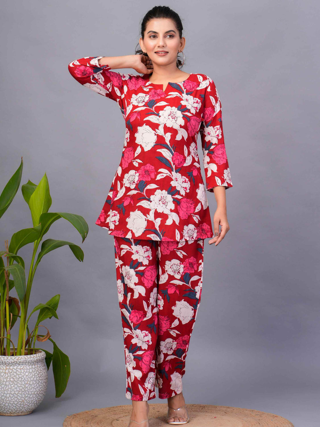Amusing Red-Color Digital Printed Rayon Office Wear Co-Ord Set - Zeel Clothing