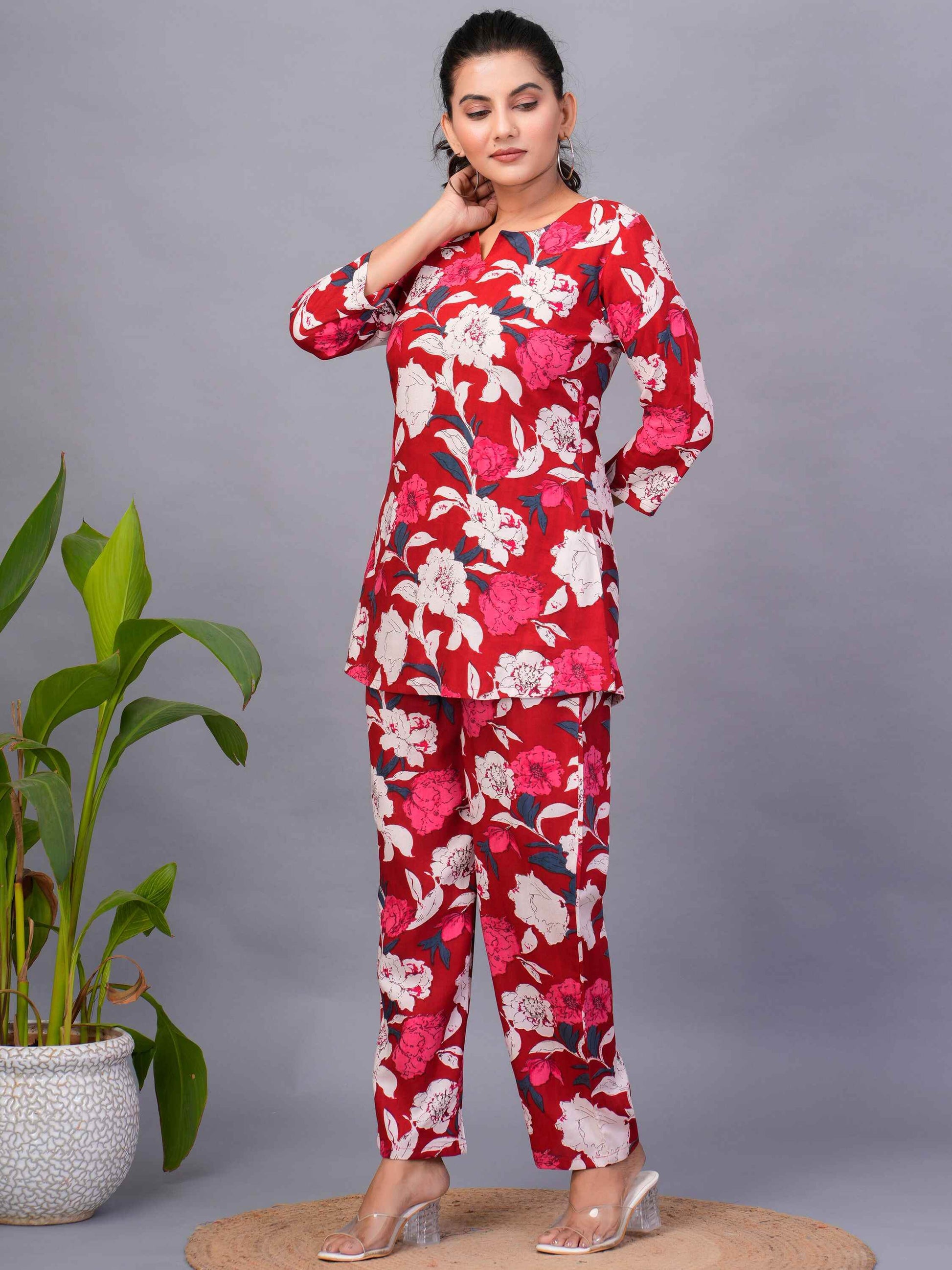 Amusing Red-Color Digital Printed Rayon Office Wear Co-Ord Set - Zeel Clothing