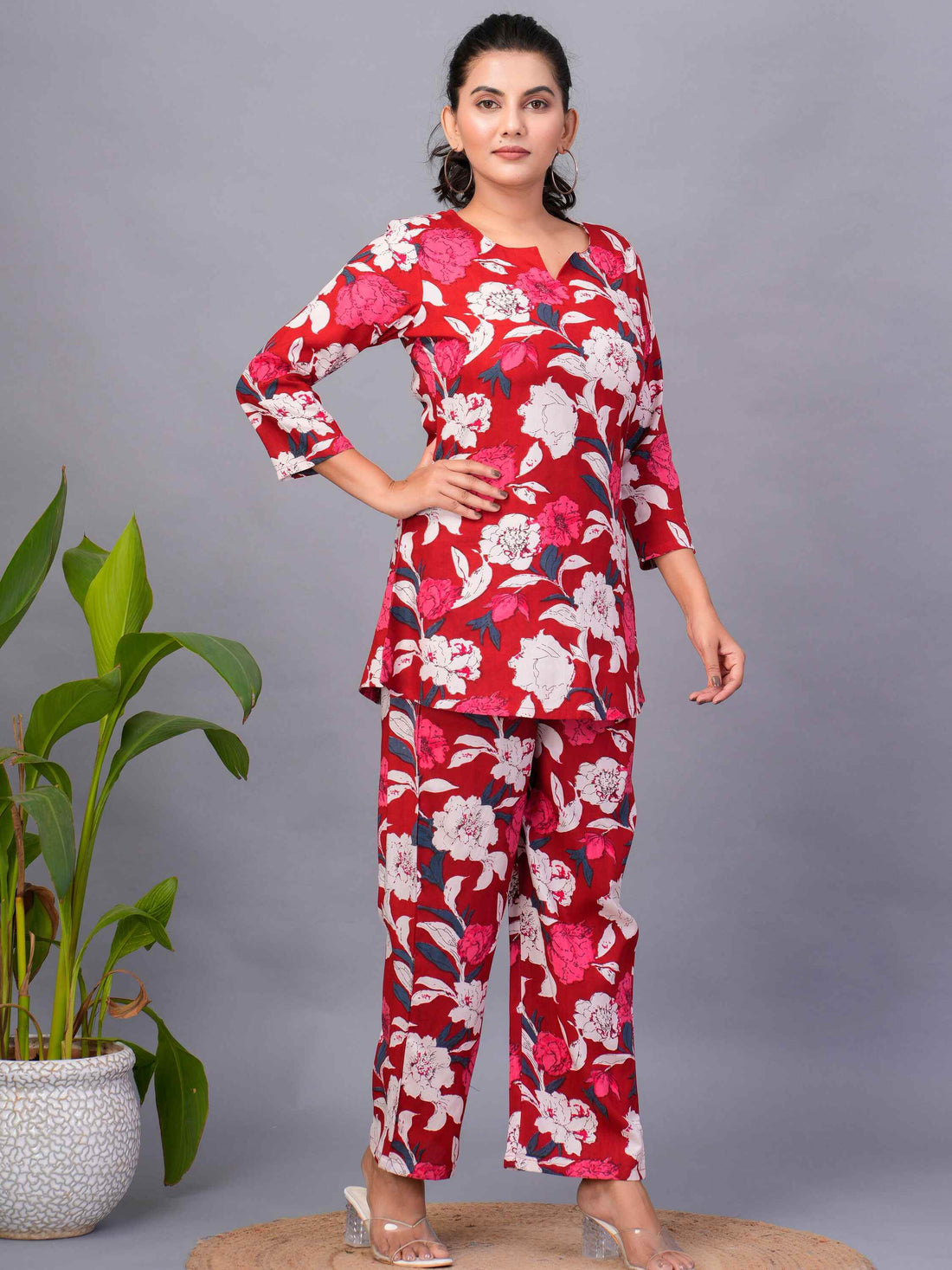 Amusing Red-Color Digital Printed Rayon Office Wear Co-Ord Set - Zeel Clothing