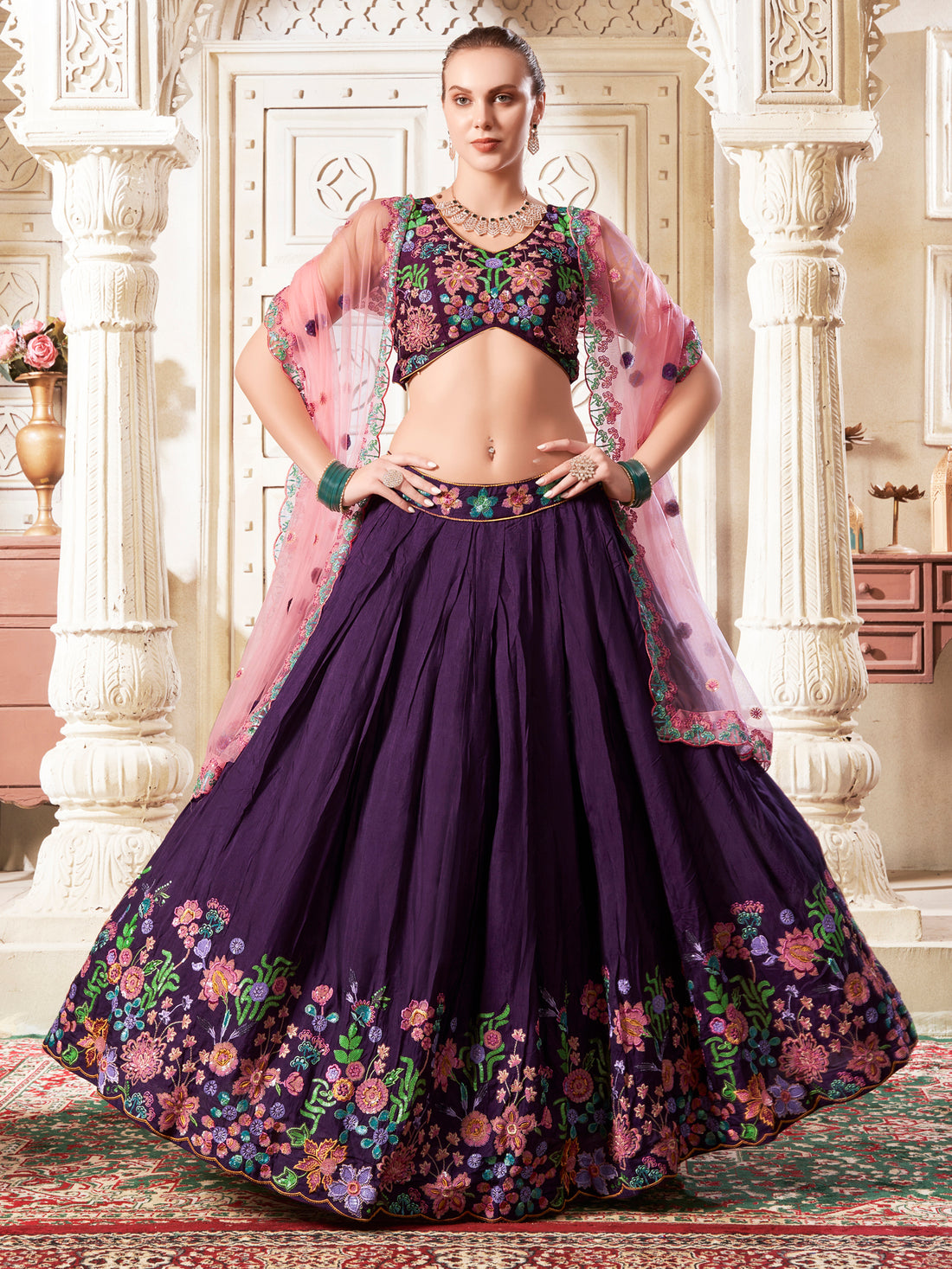 Charming Purple Sequins Silk Sangeet Wear Lehenga Choli