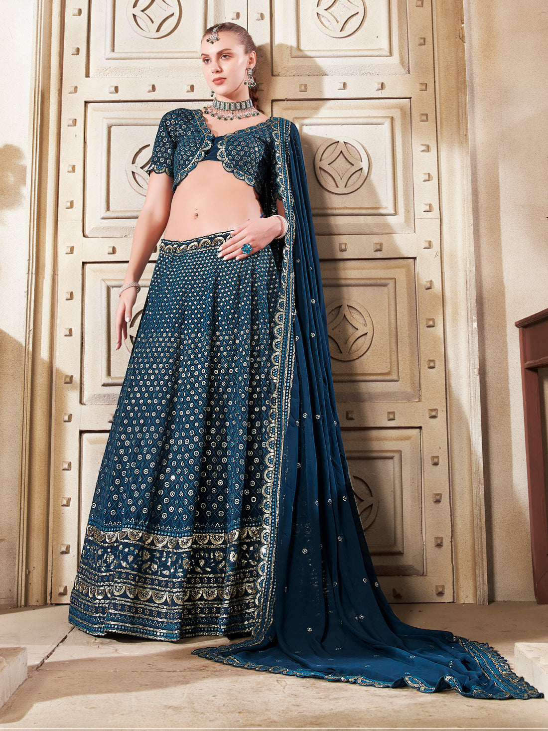 Charming Teal Blue Thread Work Georgette Wedding Lehenga Choli