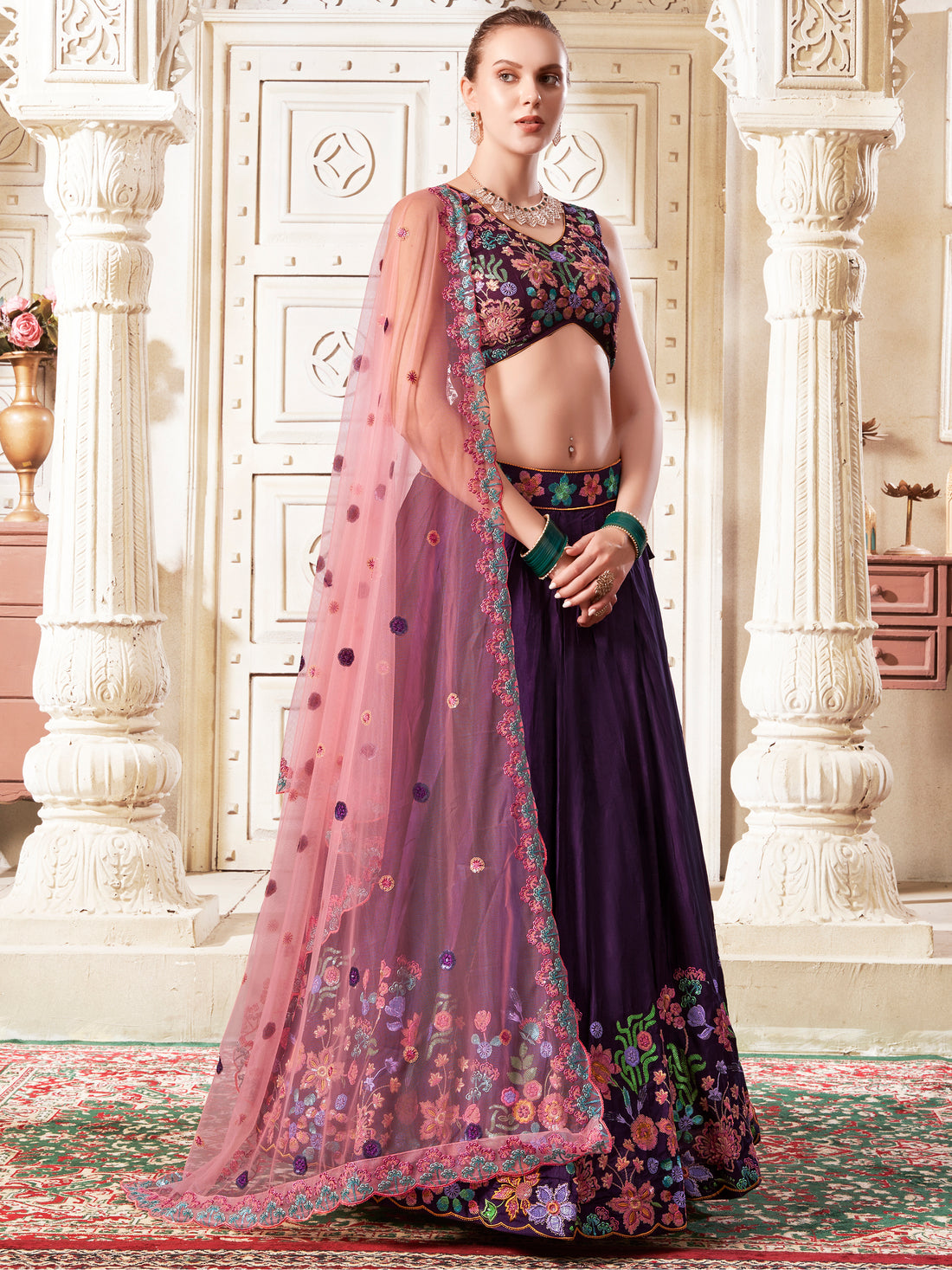 Charming Purple Sequins Silk Sangeet Wear Lehenga Choli