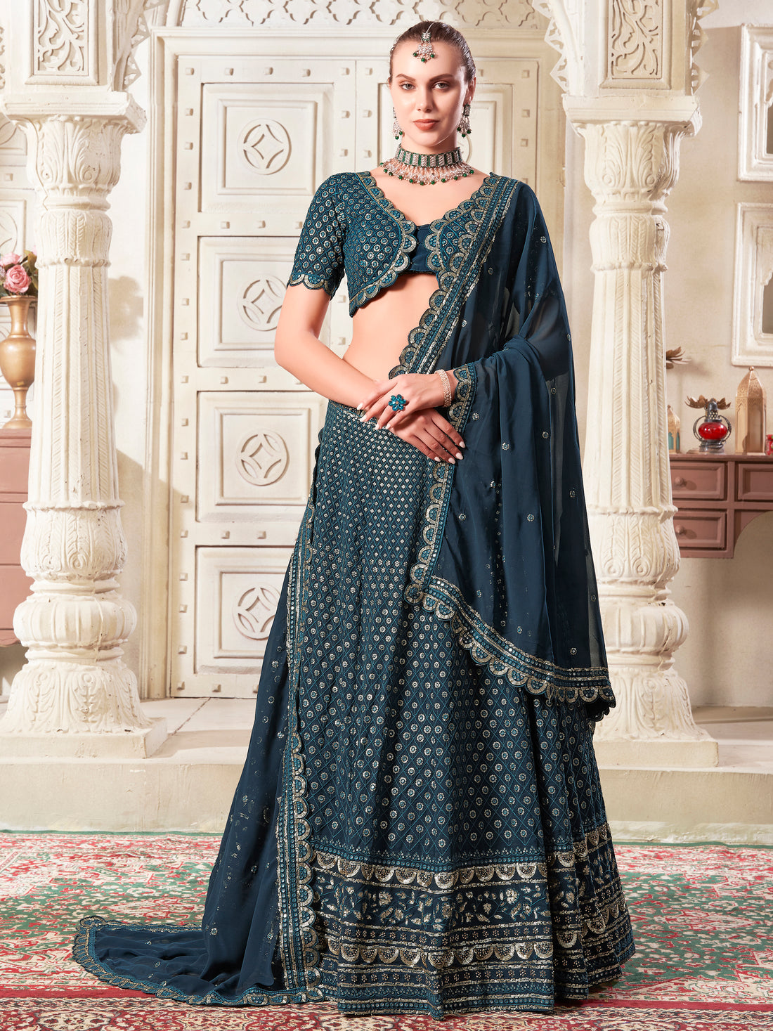 Charming Teal Blue Thread Work Georgette Wedding Lehenga Choli