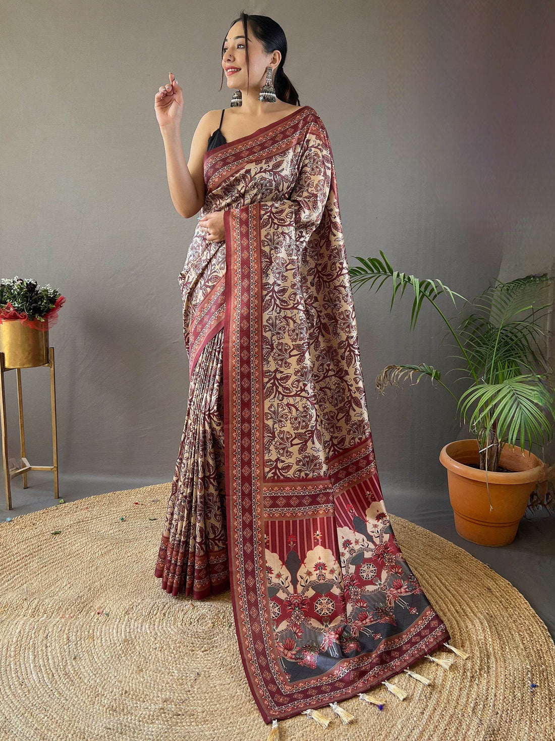 Appealing Cream Digital Printed Silk Event Wear Saree - Zeel Clothing
