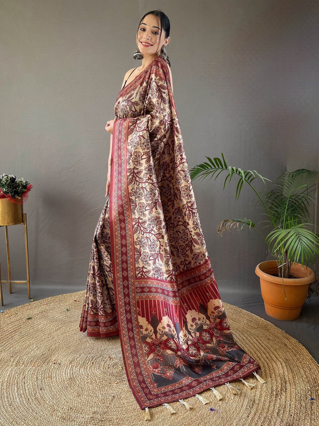 Appealing Cream Digital Printed Silk Event Wear Saree - Zeel Clothing