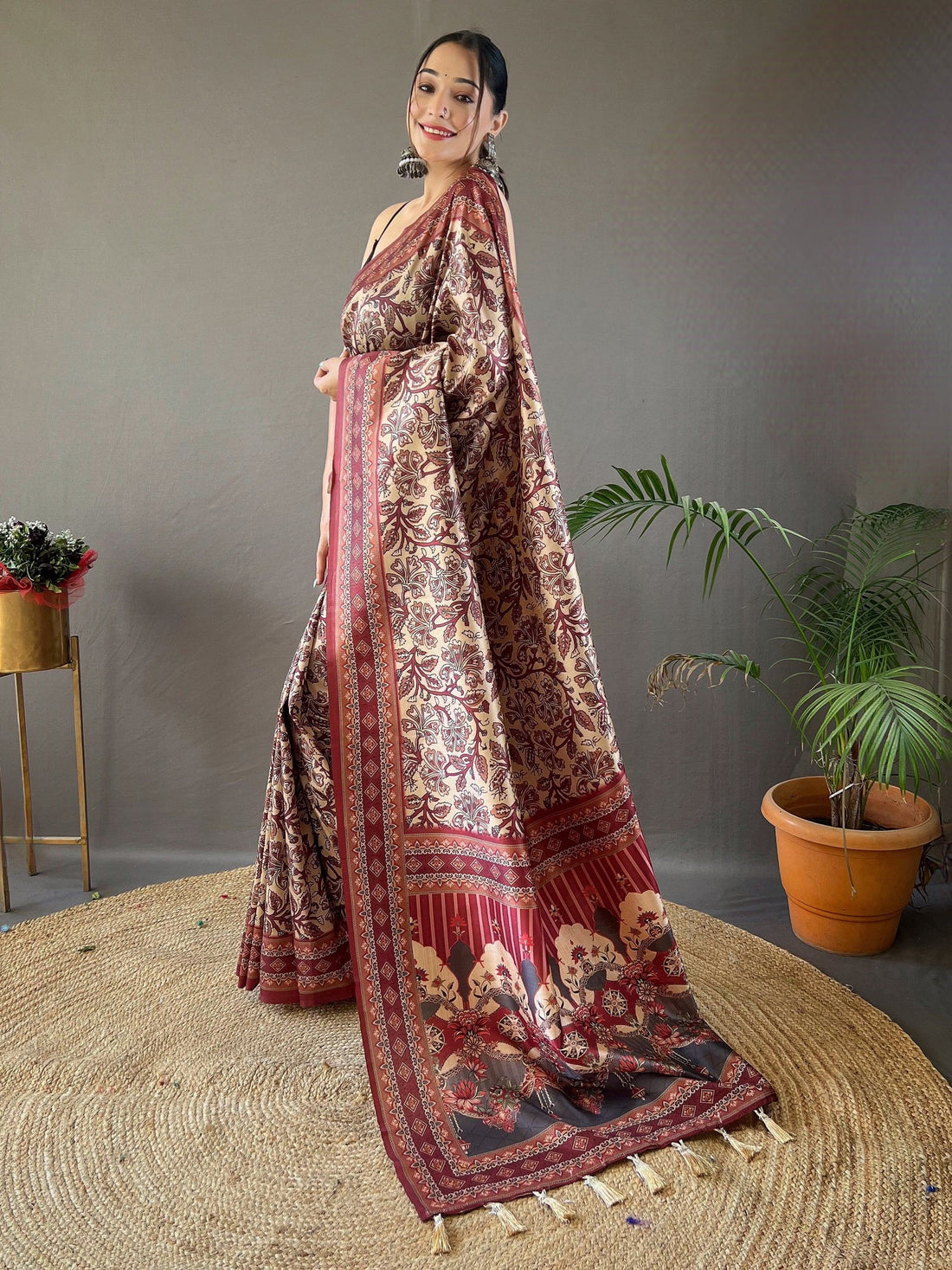 Appealing Cream Digital Printed Silk Event Wear Saree - Zeel Clothing