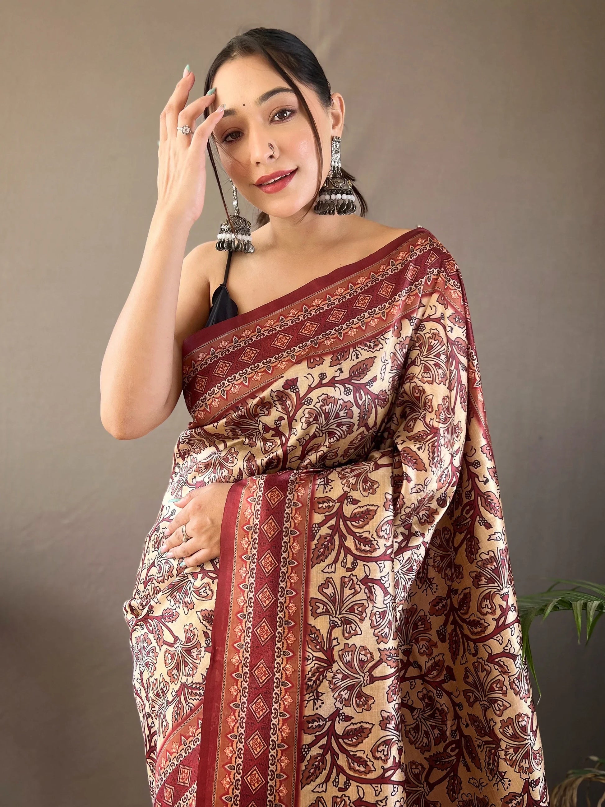 Appealing Cream Digital Printed Silk Event Wear Saree - Zeel Clothing