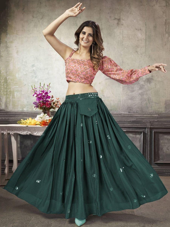 Appealing Green Sequins Work Silk Ready-Made Crop Top Lehenga