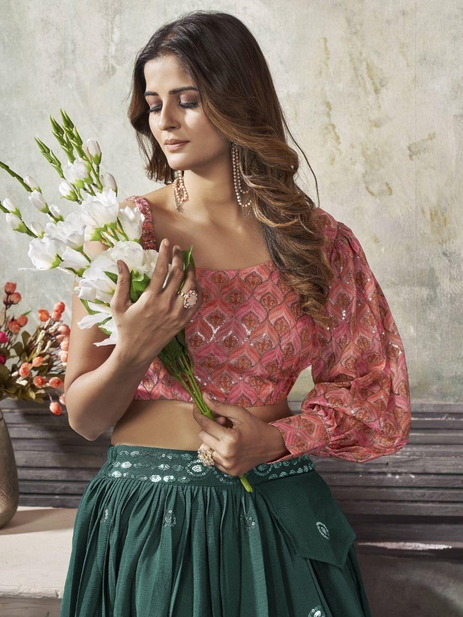 Appealing Green Sequins Work Silk Ready-Made Crop Top Lehenga