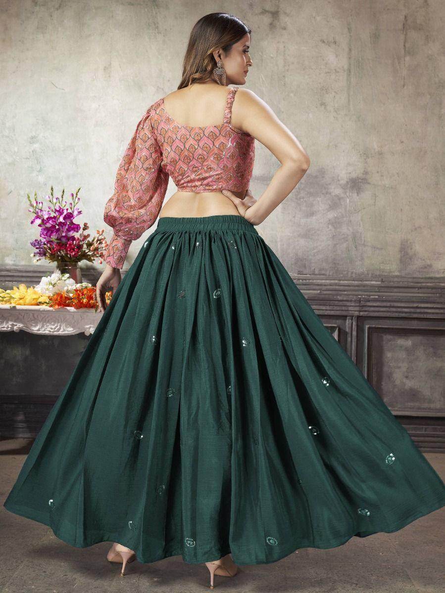Appealing Green Sequins Work Silk Ready-Made Crop Top Lehenga - Zeel Clothing