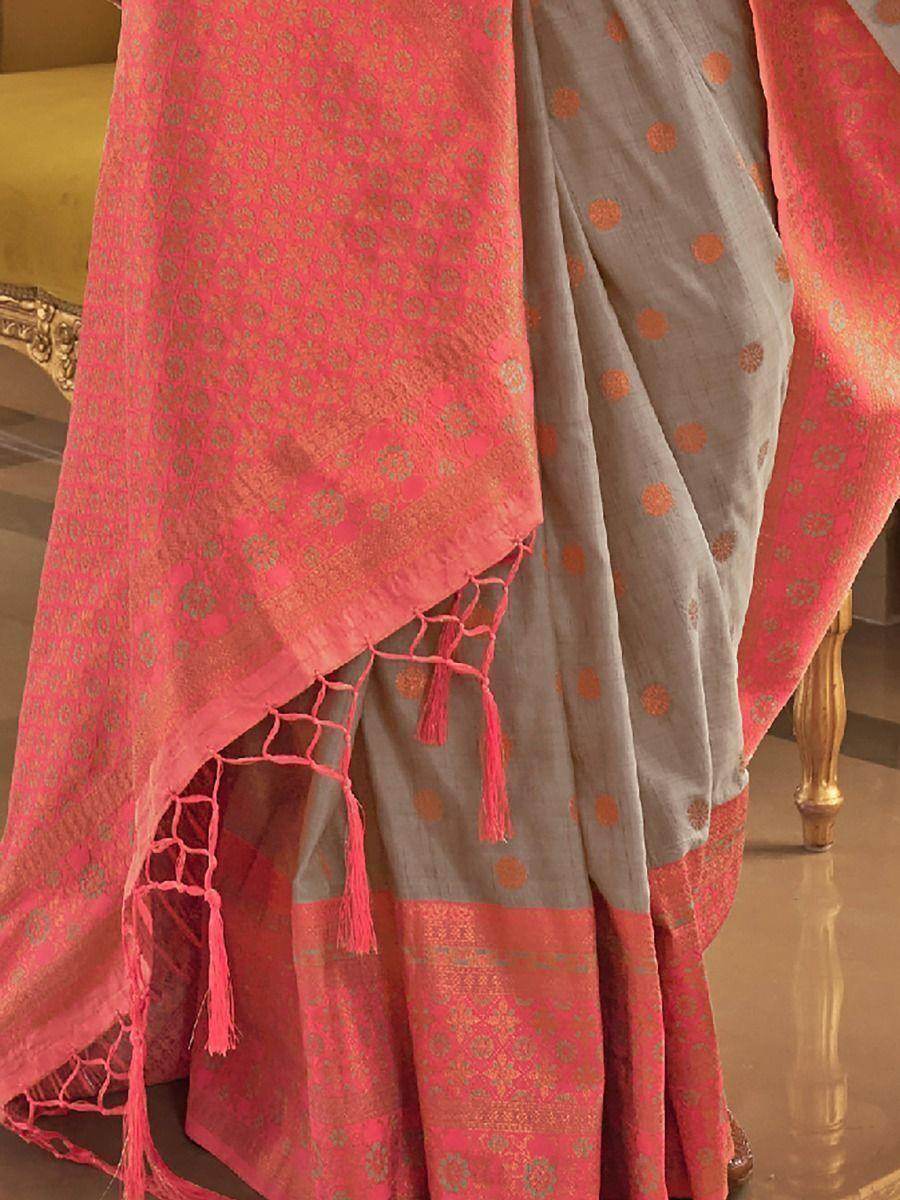 Appealing Grey Zari Woven Silk Traditional Wear Saree With Blouse - Zeel Clothing